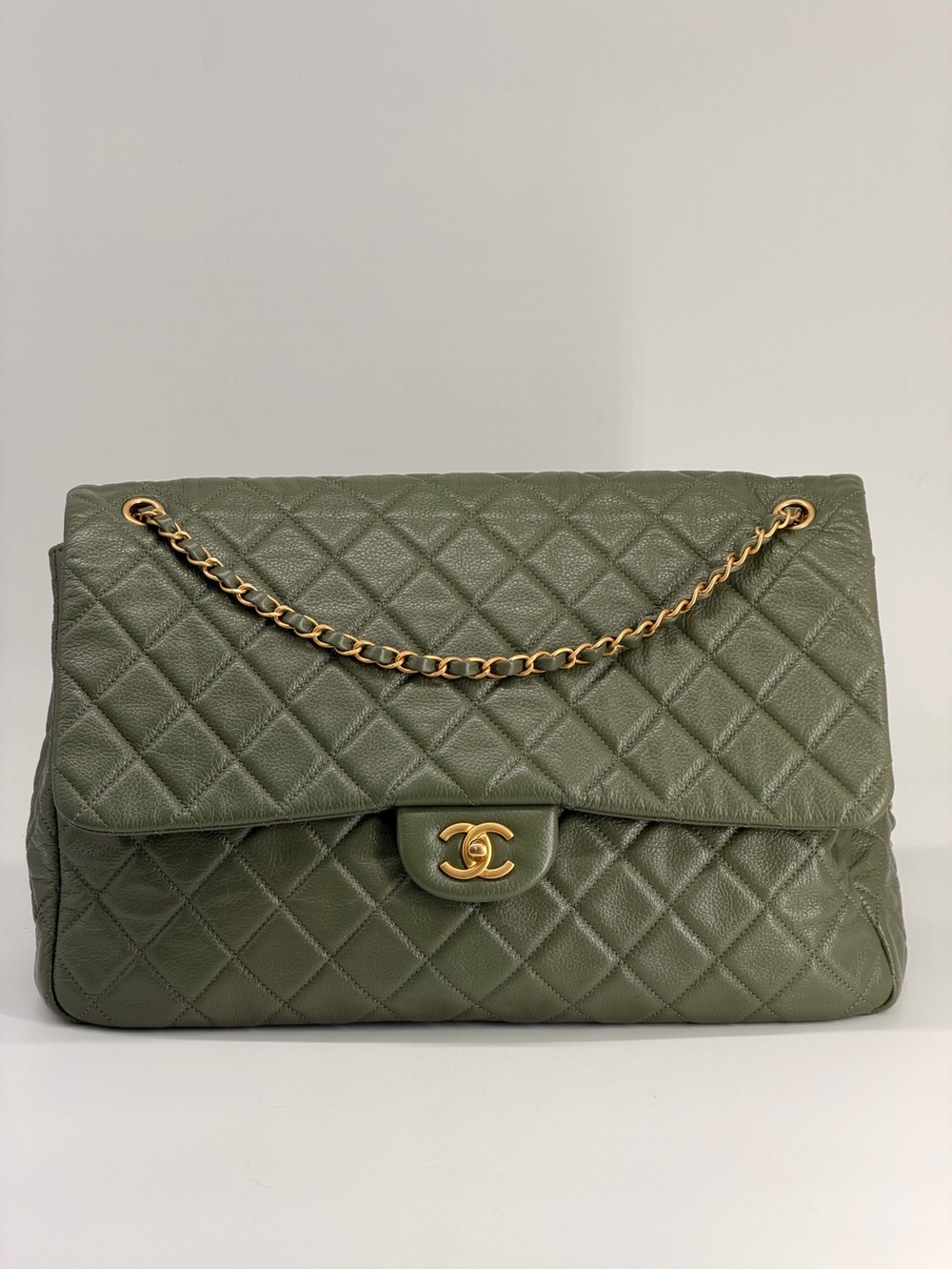 Chanel XXL Travel Classic Flap Bag Khaki Grained Calfskin Leather